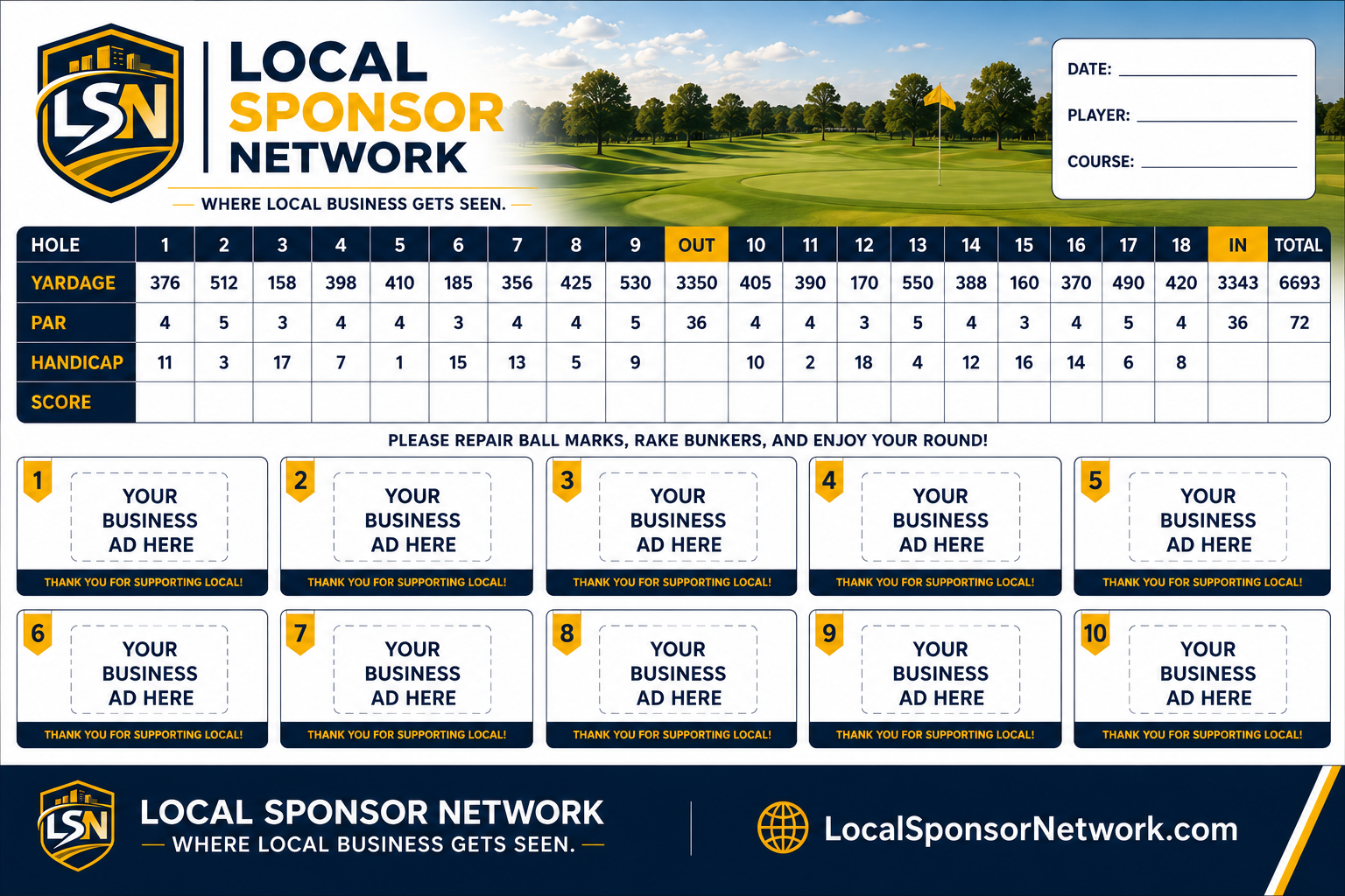 Golf scorecard sample with ten Your Business Here advertising spaces, LSN branding, and LocalSponsorNetwork.com